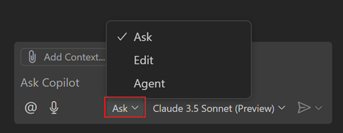 Screenshot showing the Copilot Chat view, highlighting the Ask button.