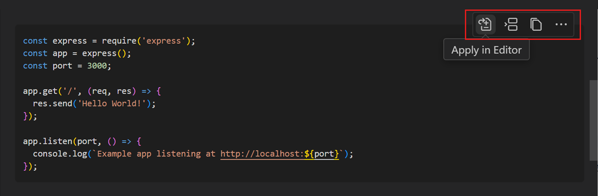 Screenshot of a Copilot Chat code block response, highlighting the actions to apply changes.