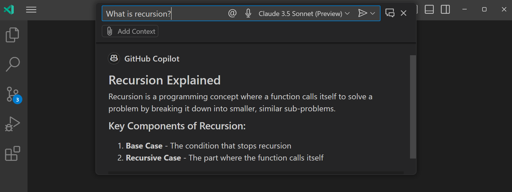 Screenshot showing the Quick Chat view, containing the answer to the question "what is recursion".